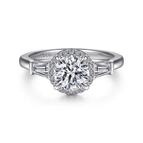 Elinor - 14K White Gold Round Three Stone Halo Diamond Engagement Ring (Setting Only)