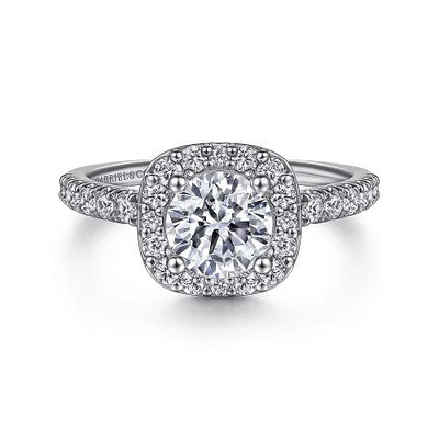 14K White Gold Cushion Halo Round Diamond Engagement Ring