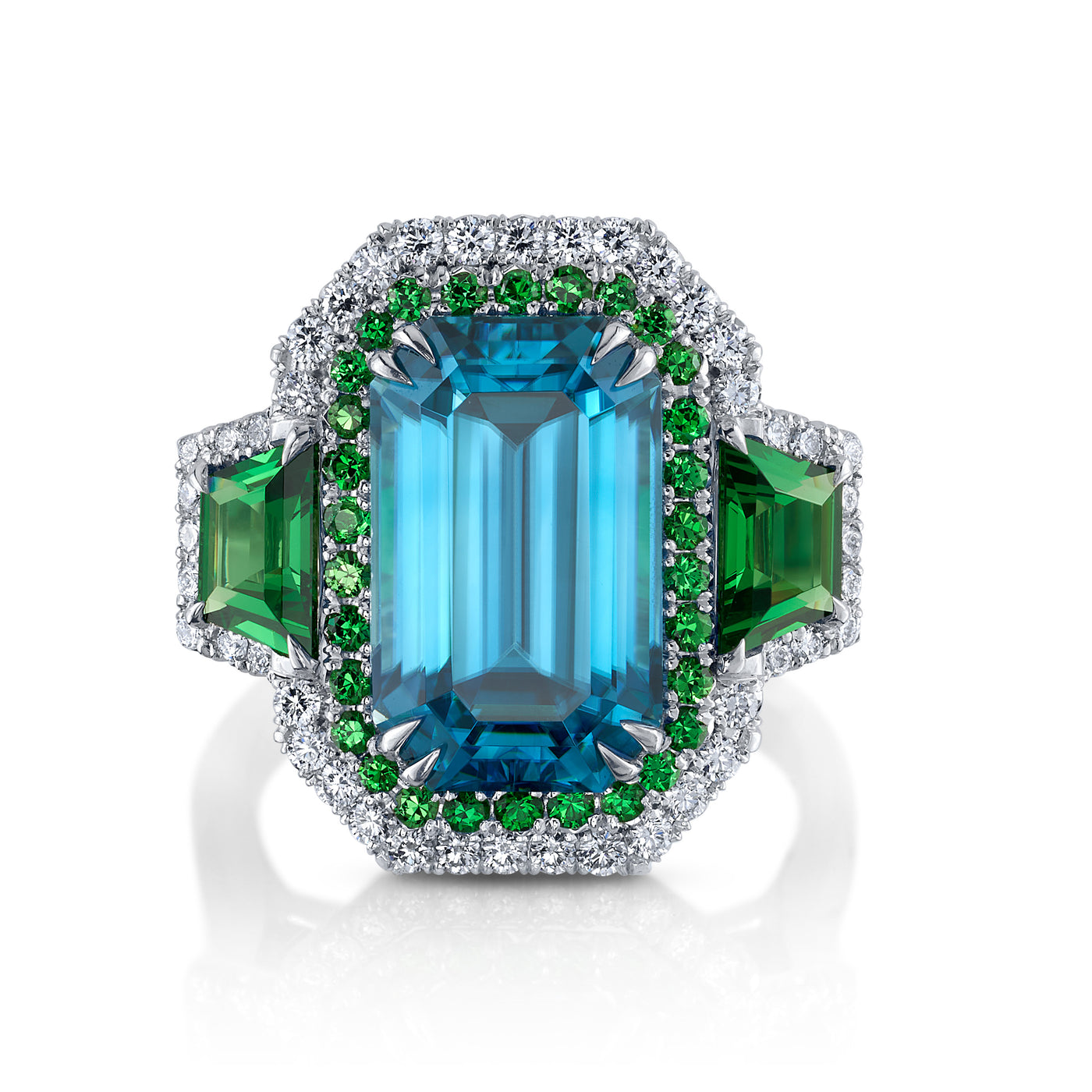 Emerald-Cut Blue Zircon and Tsavorite Halo Ring in Platinum