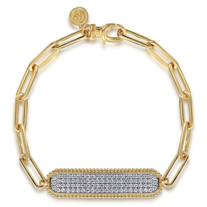 14K Yellow Gold Hollow Paperclip Chain Diamond Pave ID Bracelet