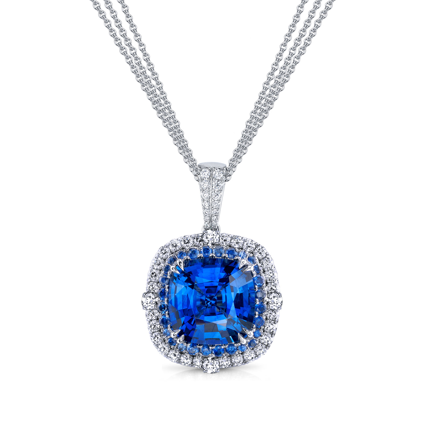 Cushion-Cut Sapphire and Diamond Halo Pendant in Platinum