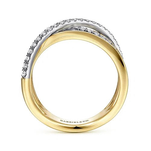 14K White-Yellow Gold Polished Band and Diamond Row Criss Cross Ring