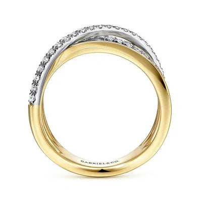 14K White-Yellow Gold Polished Band and Diamond Row Criss Cross Ring