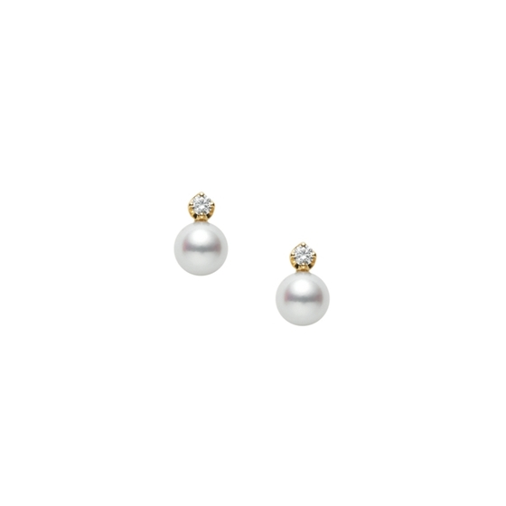 Classic Akoya Cultured Pearl Earrings with Diamond in 18K Yellow Gold