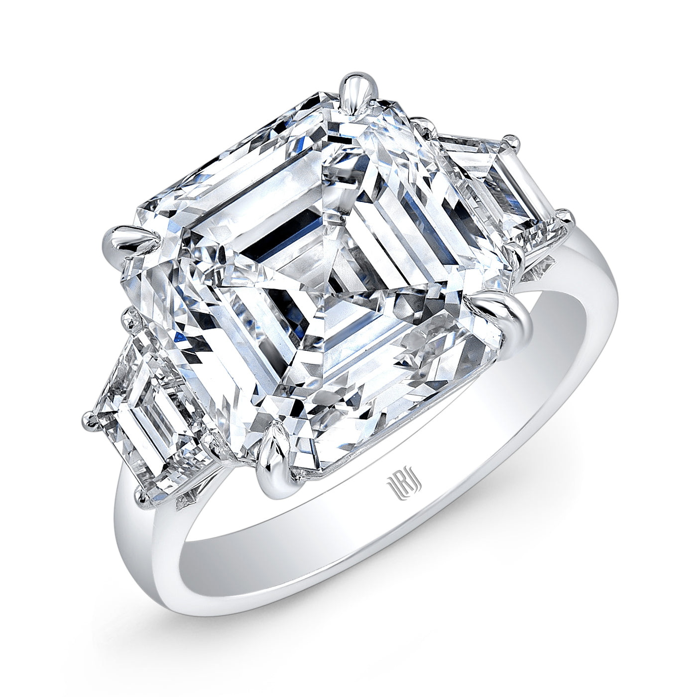 4.02 Carat F/VS1 Asscher-Cut Diamond Platinum Ring with Bullet Side Stones