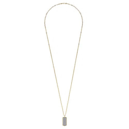 14K Yellow Gold Diamond Pave Dog Tag Pendant Hollow Chain Necklace