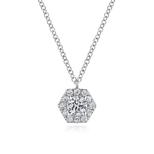 14K White Gold Round Diamond Hexagonal Halo Pendant Necklace