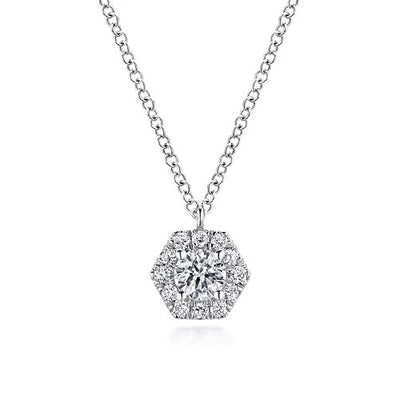 14K White Gold Round Diamond Hexagonal Halo Pendant Necklace