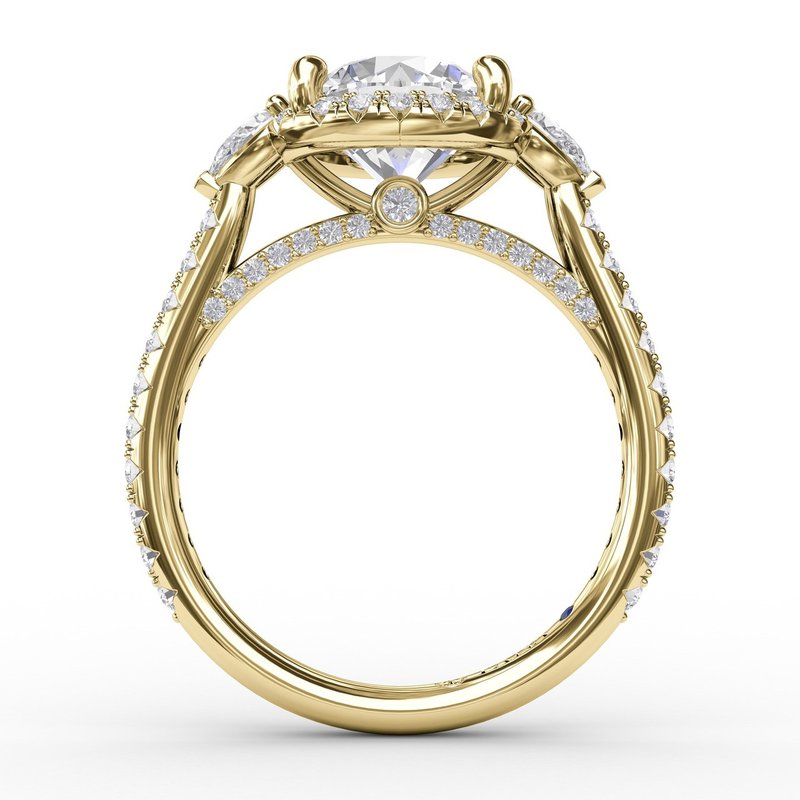 Round Diamond Halo Engagement Ring With Pear-Shape Side Stones