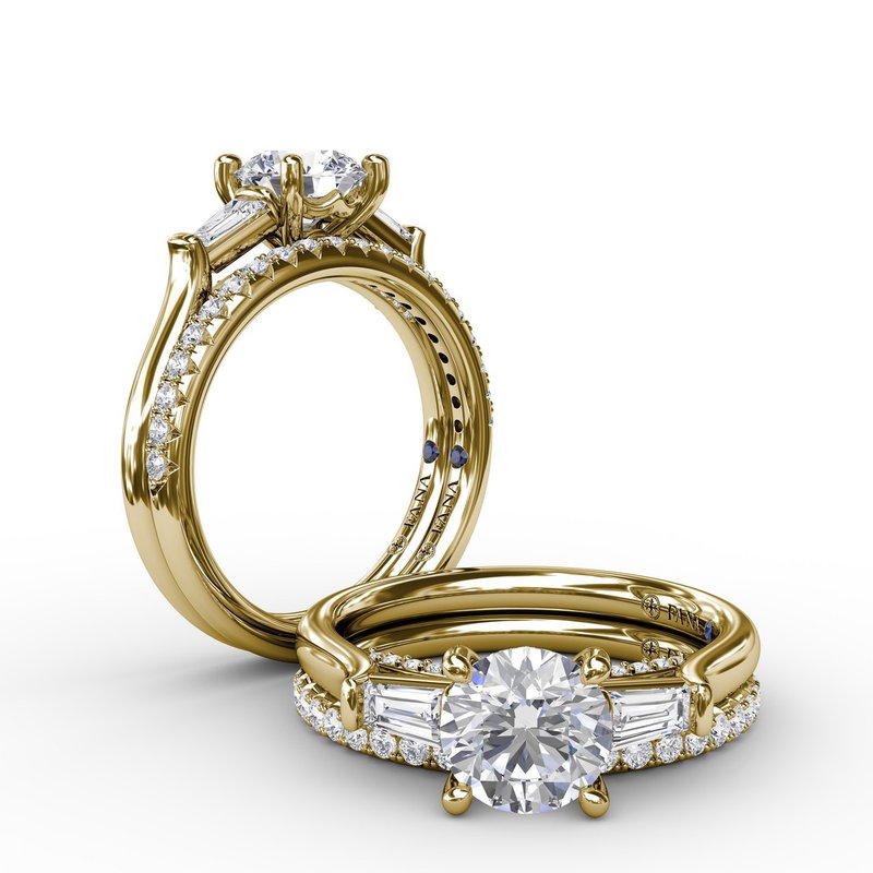 Three-Stone Round Diamond Engagement Ring With Bezel-Set Baguettes