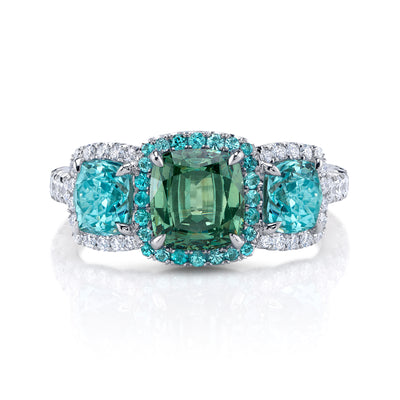 Cushion-Cut Demantoid and Paraiba Tourmaline Halo Ring in Platinum