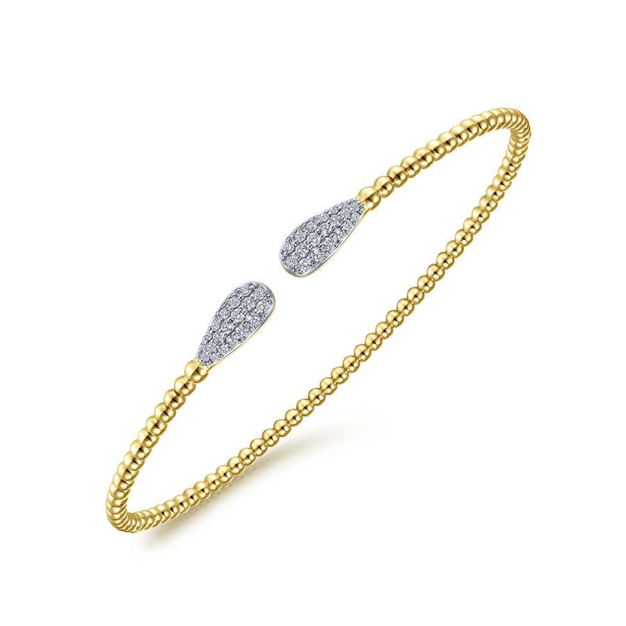 14K Yellow Gold Bujukan Bead Cuff Bracelet with Diamond Pave Teardrops