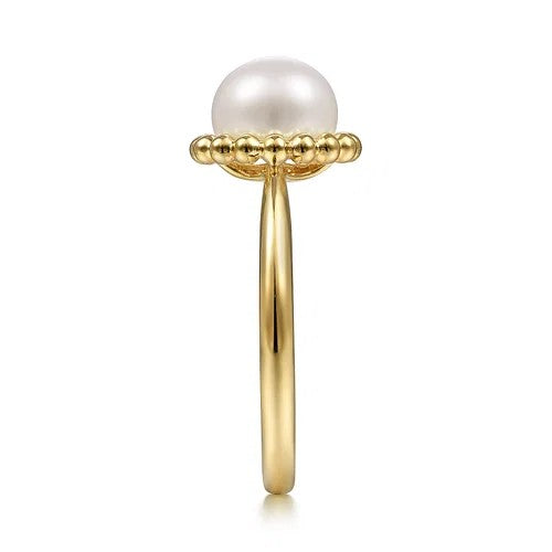 14K Yellow Gold Pearl Ring with Bujukan Beaded Halo