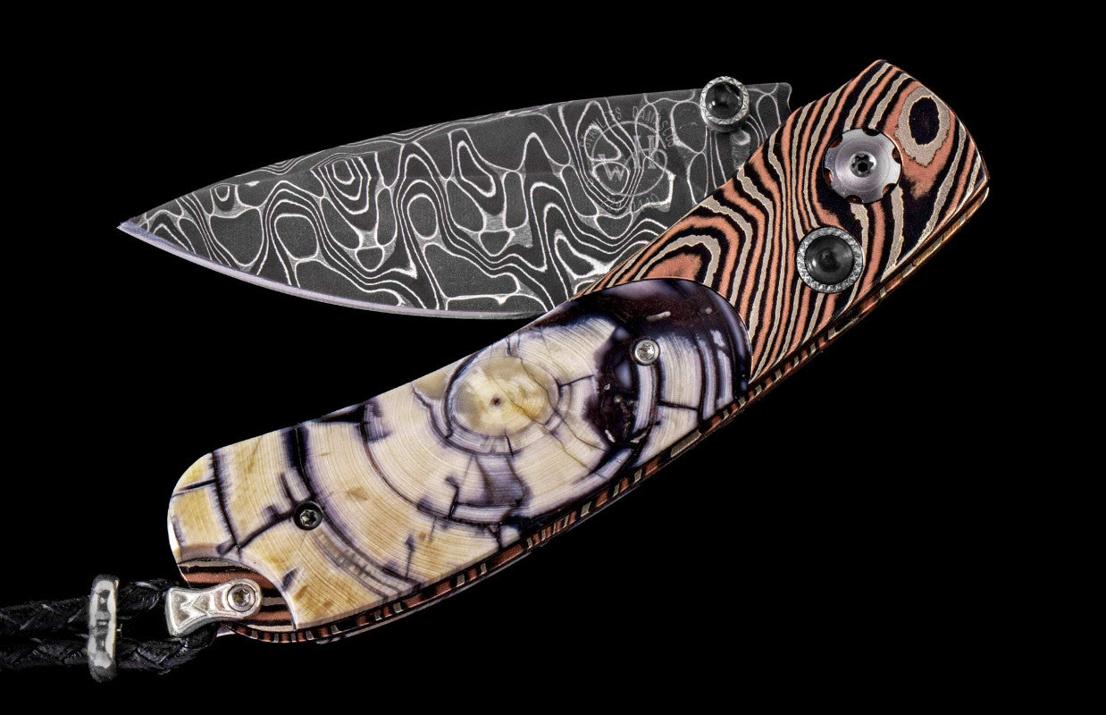 Lavish Pocketknife with mokume gane and fossil Woolly Mammoth tusk