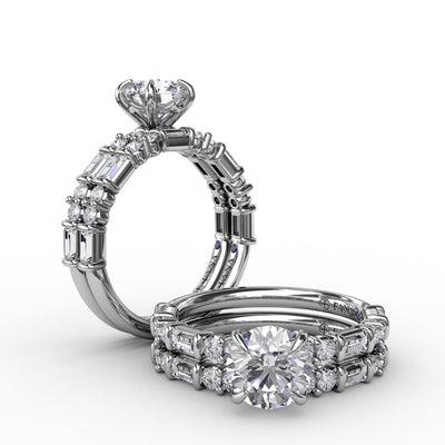 Contemporary Diamond Solitaire Engagement Ring With Baguettes and Round Diamond Accents