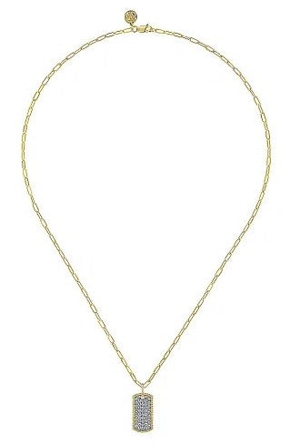 14K Yellow Gold Diamond Pave Dog Tag Pendant Hollow Chain Necklace