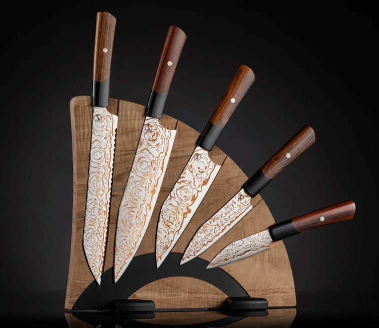 Kultro Flare Chef Kitchen knife set with 'rainbow' damascus blades and choice of hardwood rack