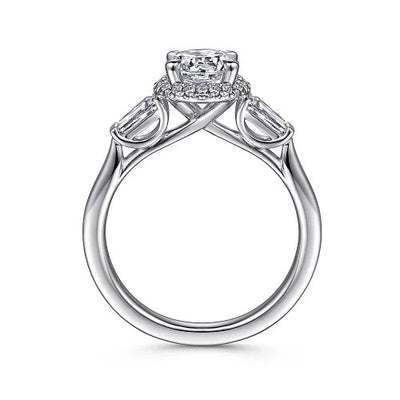 Elinor - 14K White Gold Round Three Stone Halo Diamond Engagement Ring (Setting Only)