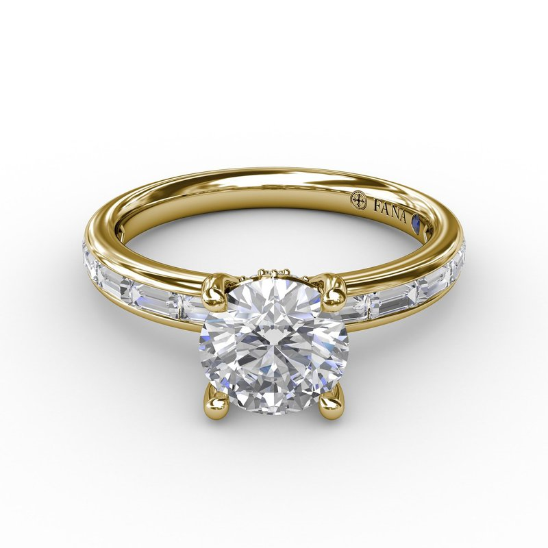 Classic Round Diamond Solitaire Engagement Ring With Baguette Diamond Shank