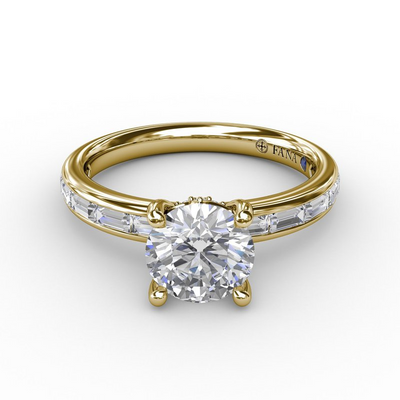 Classic Round Diamond Solitaire Engagement Ring With Baguette Diamond Shank