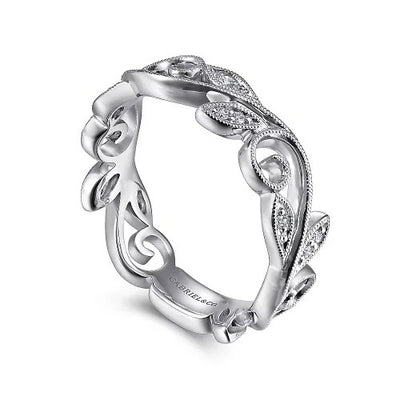 14K White Gold Scrolling Floral Diamond Stackable Ring