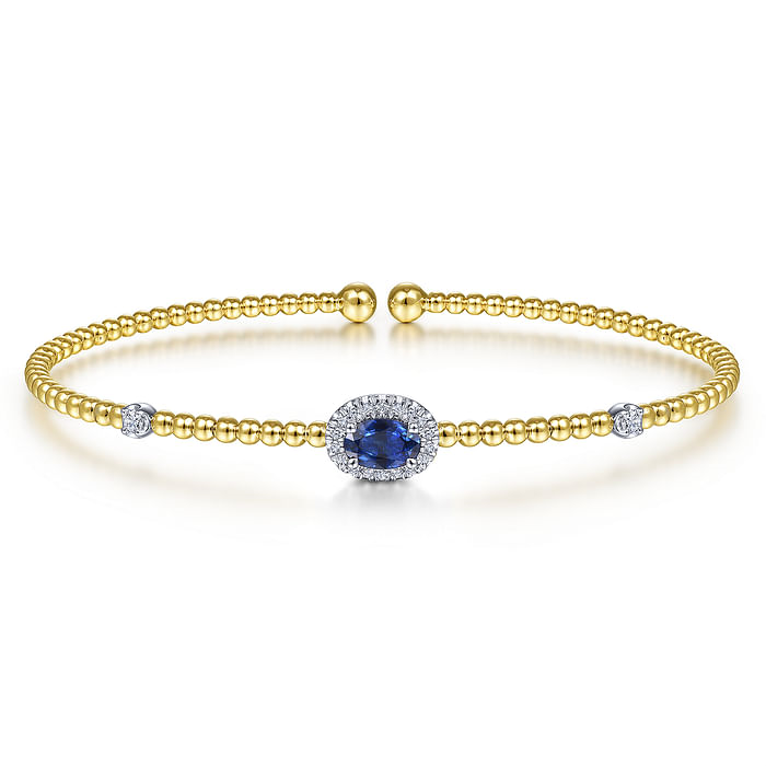 14K White-Yellow Gold Bujukan Bead Cuff Bracelet with Sapphire and Diamond Halo Station