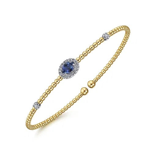 14K White-Yellow Gold Bujukan Bead Cuff Bracelet with Sapphire and Diamond Halo Station