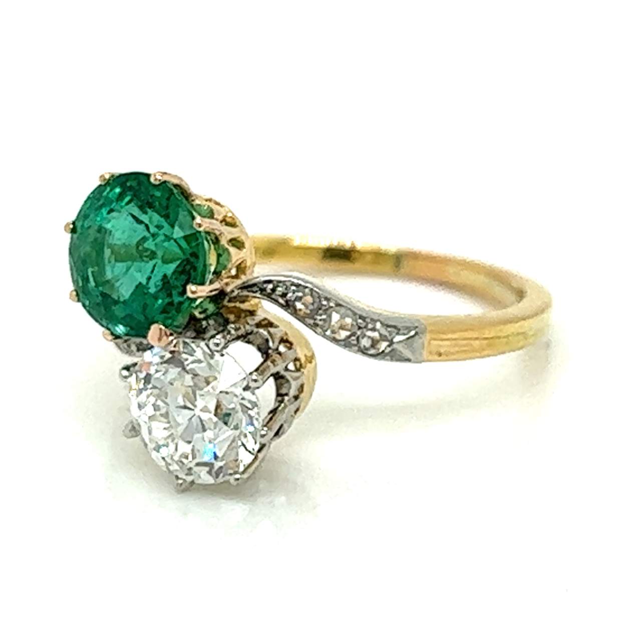 Victorian 18kt Yellow Gold and Platinum Bypass Ring with Round Diamonds and Round Emeralds