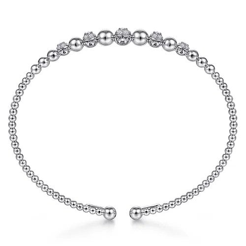 14K White Gold Bujukan Bead Cuff Bracelet with Pave Diamond Stations