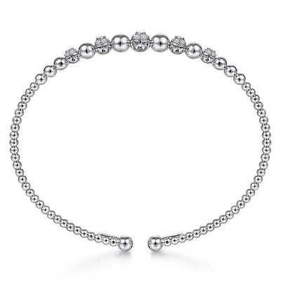 14K White Gold Bujukan Bead Cuff Bracelet with Pave Diamond Stations