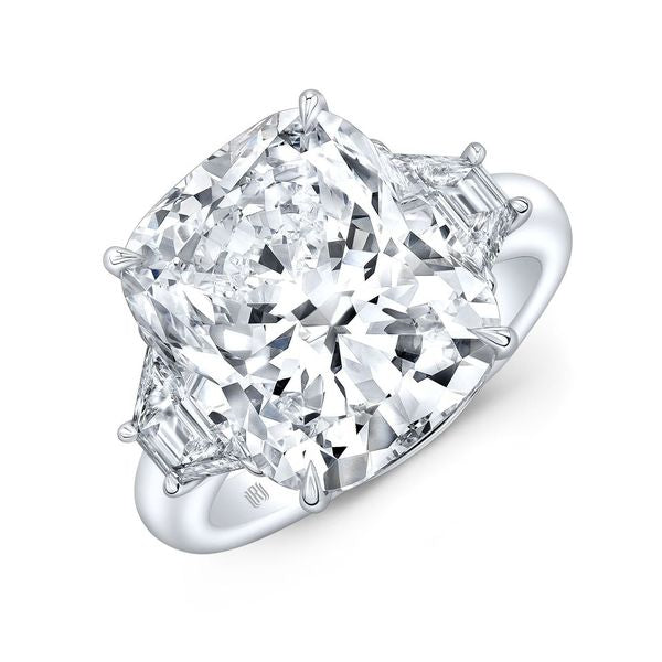 10.06 Carat Cushion-Cut J SI1 Diamond Platinum Ring with Trapezoid Side Stones