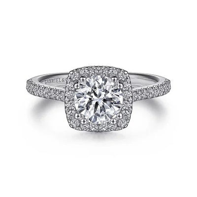 14K White Gold Cushion Halo Round Diamond Engagement Ring