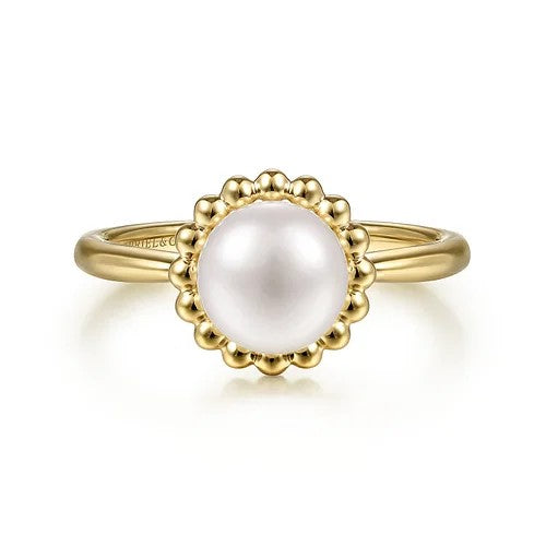 14K Yellow Gold Pearl Ring with Bujukan Beaded Halo