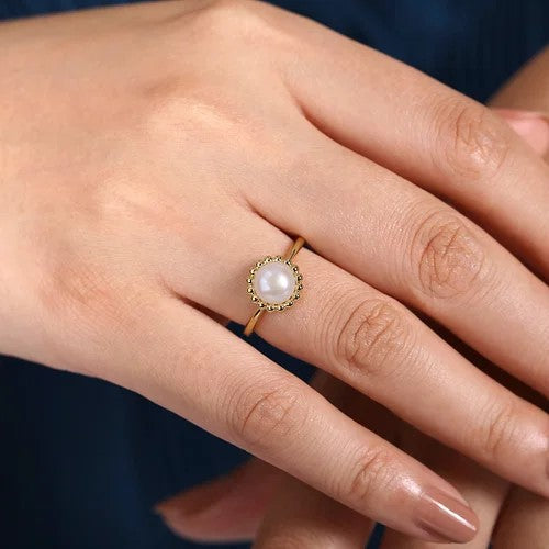 14K Yellow Gold Pearl Ring with Bujukan Beaded Halo