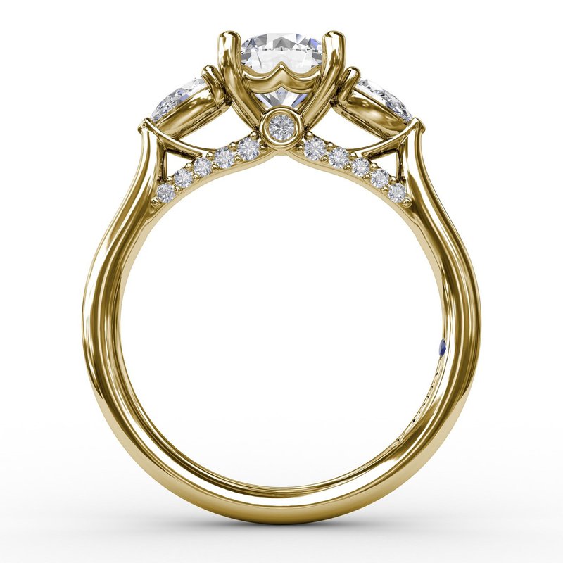 Classic Three-Stone Diamond Engagement Ring With Pear-Shape Side Diamonds