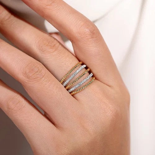 14K Yellow Gold Multi Row Bujukan Beads and Diamond Easy Stackable Ring