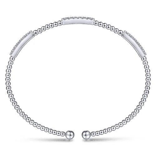 14K White Gold Bujukan Bead Cuff Bracelet with Diamond Pave Stations