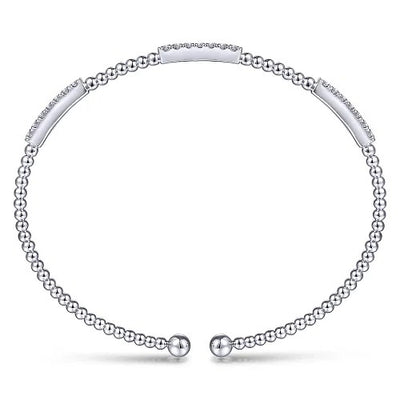 14K White Gold Bujukan Bead Cuff Bracelet with Diamond Pave Stations