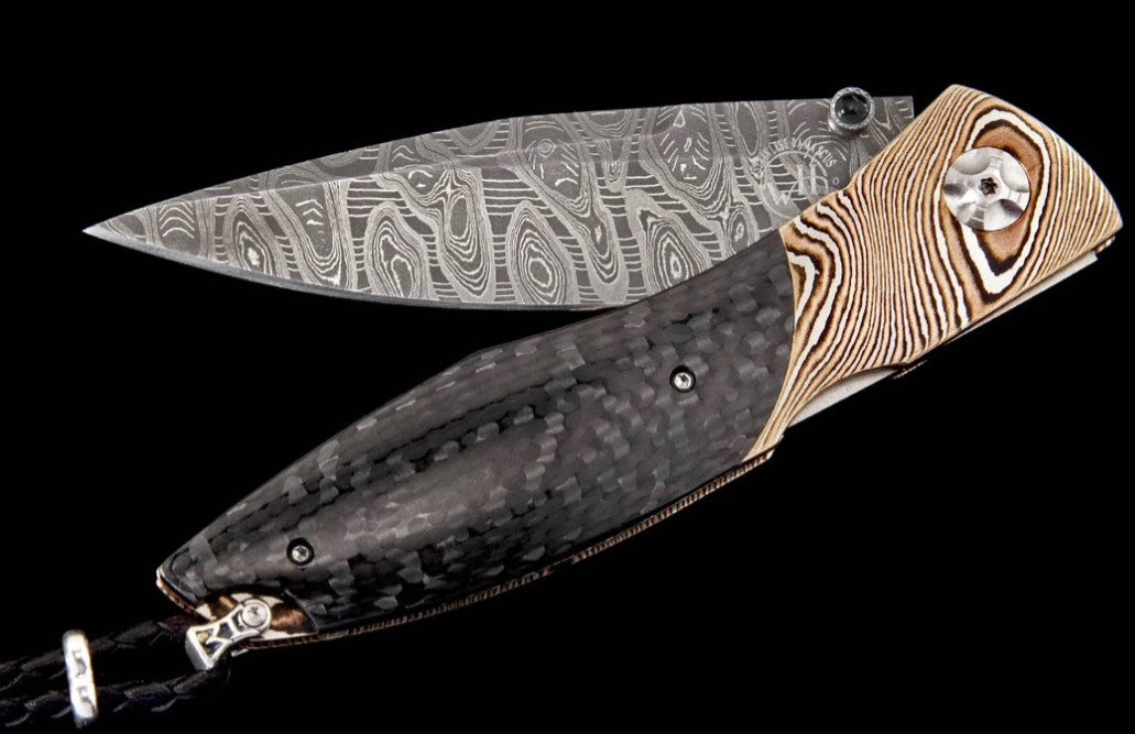 Black and Gold Pocketknife with mokume gane, carbon fiber, and damascus blade