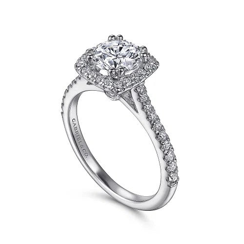 14K White Gold Cushion Halo Round Diamond Engagement Ring