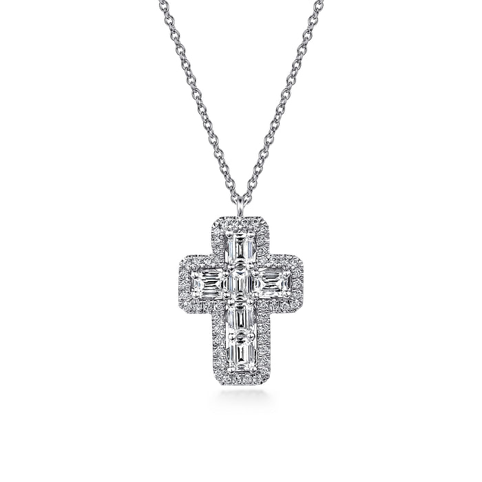 14K White Gold Emerald Cut Diamond Cross Necklace