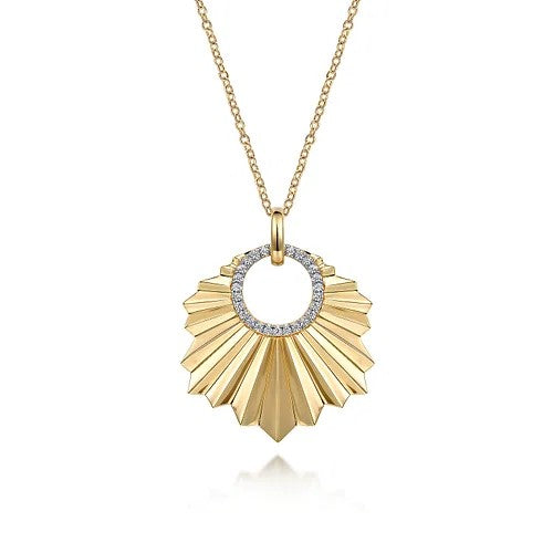 14K Yellow Gold Diamond Necklace With Diamond Cut Texture In Leaf Shape