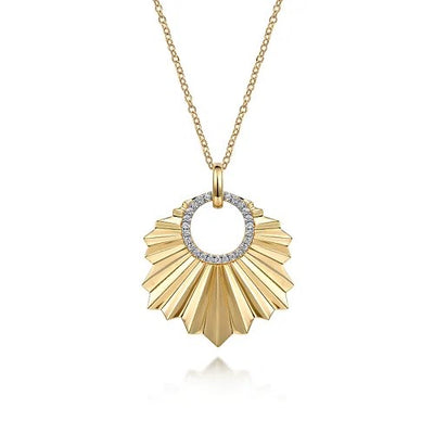 14K Yellow Gold Diamond Necklace With Diamond Cut Texture In Leaf Shape