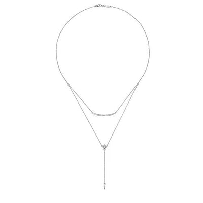 14K White Gold Layered Curved Bar and Diamond Drop Y Necklace