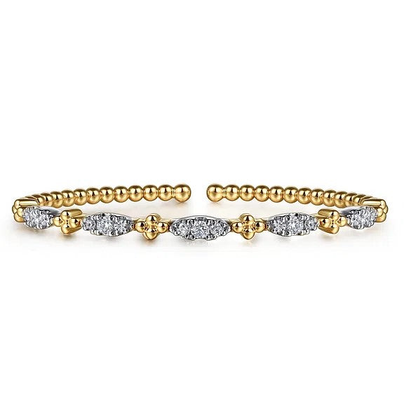 14K White Yellow Gold Bujukan Beads and Diamond Station Split Bangle Bracelet