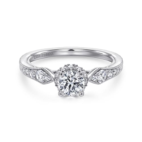 Vintage Inspired 14K White Gold Round Halo Complete Diamond Engagement Ring