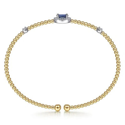 14K White-Yellow Gold Bujukan Bead Cuff Bracelet with Sapphire and Diamond Halo Station