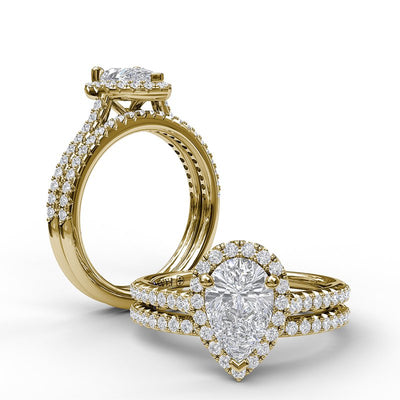 Delicate Pear Shaped Halo And Pave Band Engagement Ring