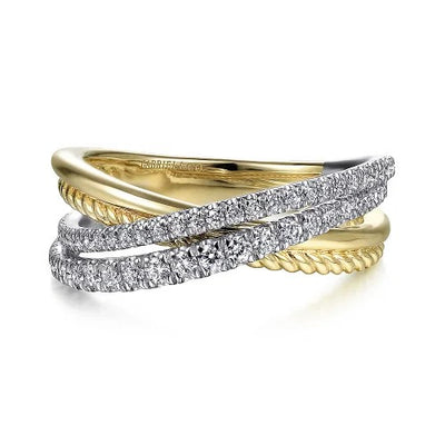 14K White-Yellow Gold Twisted Rope and Diamond Criss Cross Ring