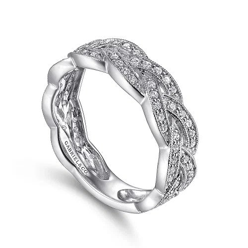 14K White Gold Braided Diamond Stackable Ring